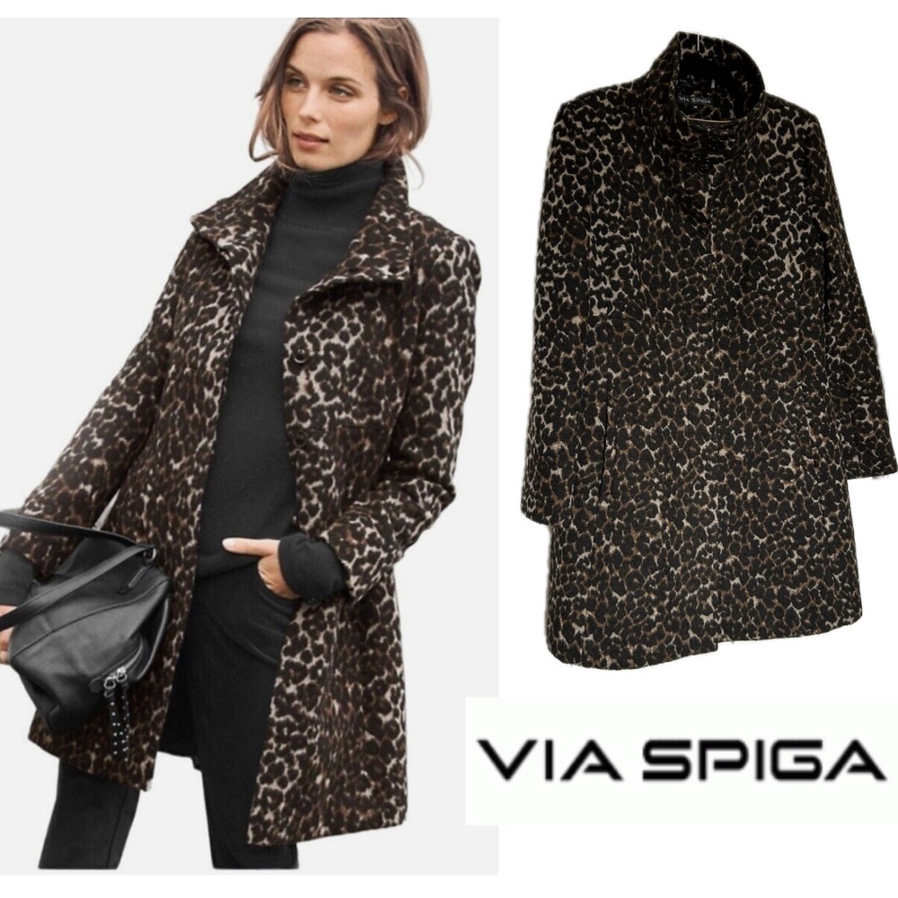 Via Spiga Black & Brown Leopard-Print Pea Coat